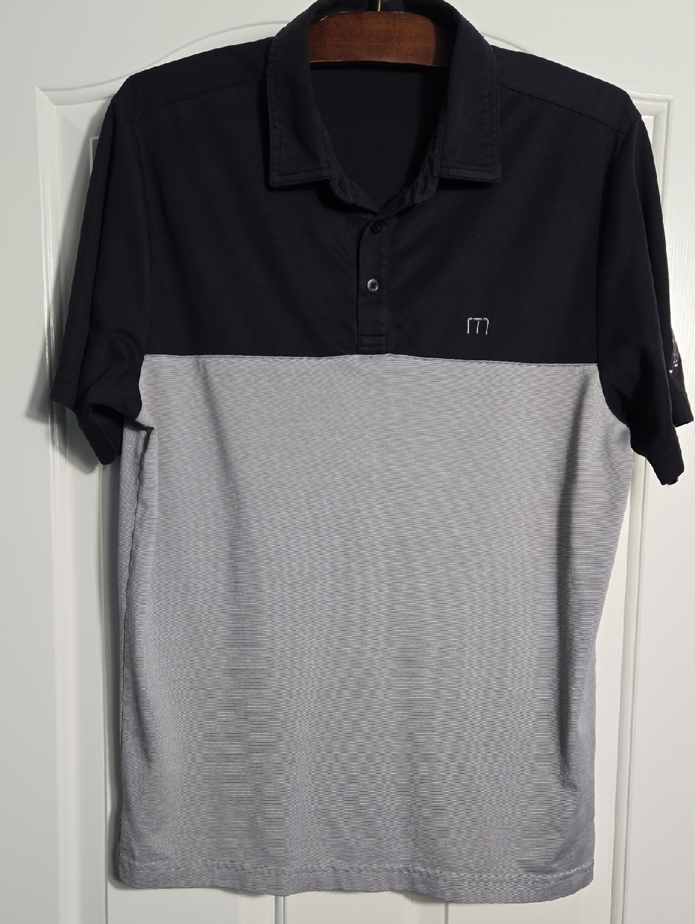 TravisMathew Performance Golf Polo Navy Gray Two‑Tone Pima Cotton M
